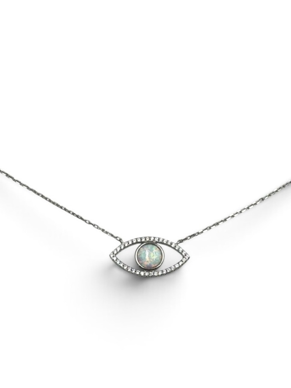 Vintage Y2K Sterling Silver Lab Opal Evil Eye Necklace Adjustable 18.5”